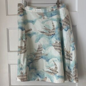 Anthropologie A-Line Skirt with Blue and White Musical Pattern